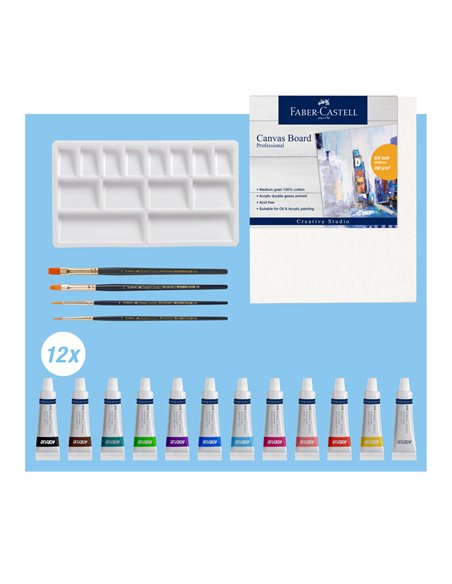 SET ACRILIC CREATIV 18 PIESE (12 CULORI ACRILICE x 9ML + CANVAS+ PALETA+ 4 PENSULE) FABER-CASTELL